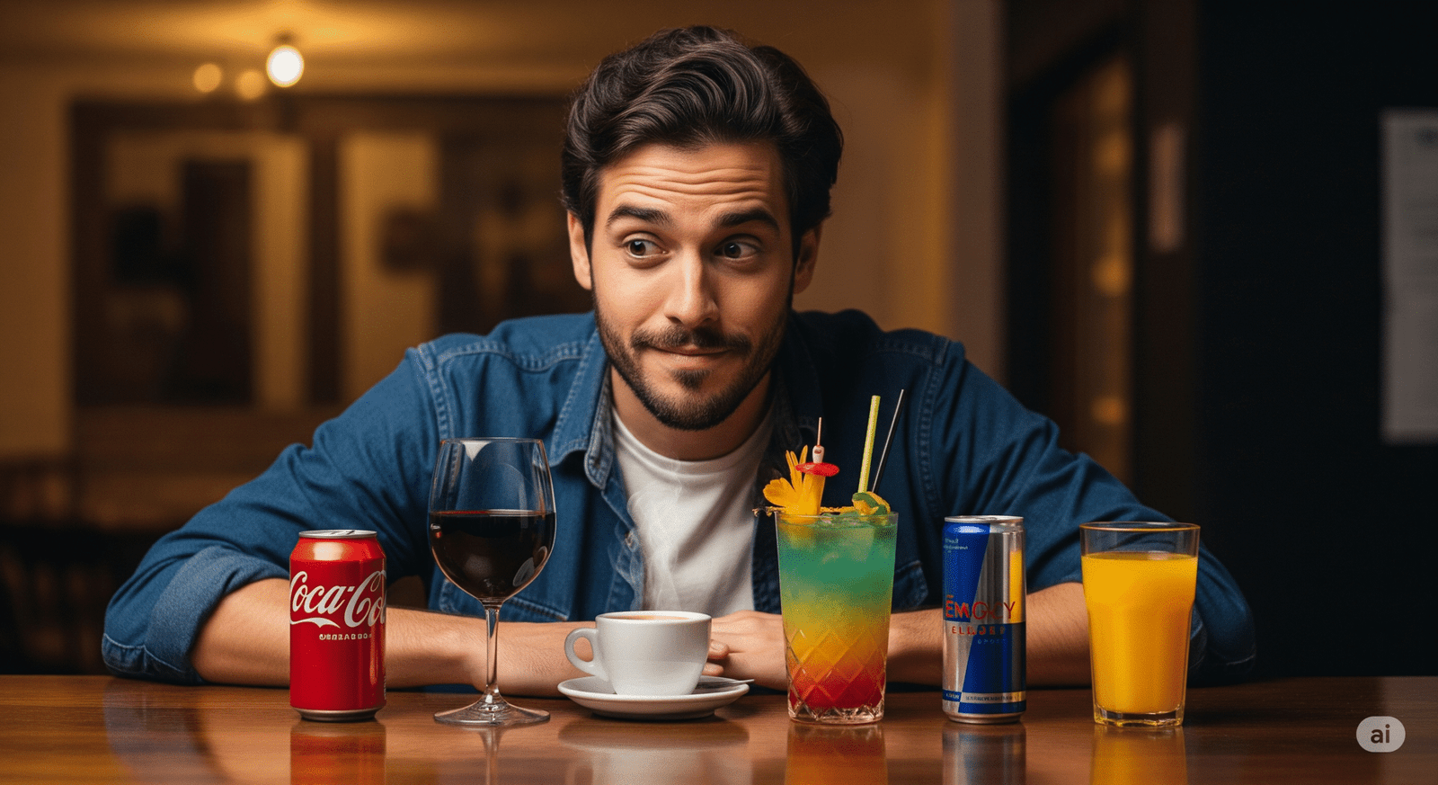 Um homem brasileiro de 35 anos sentado no balcão de um bar. Na frente dele tem uma lata de coca-cola, uma taça de vinho tinto, uma xícara de café, um drink colorido, uma lata de energético e um copo de suco de laranja. O homem está com um sorriso desajeitado e olhando confuso para todas as bebidas, sem saber o que escolher.