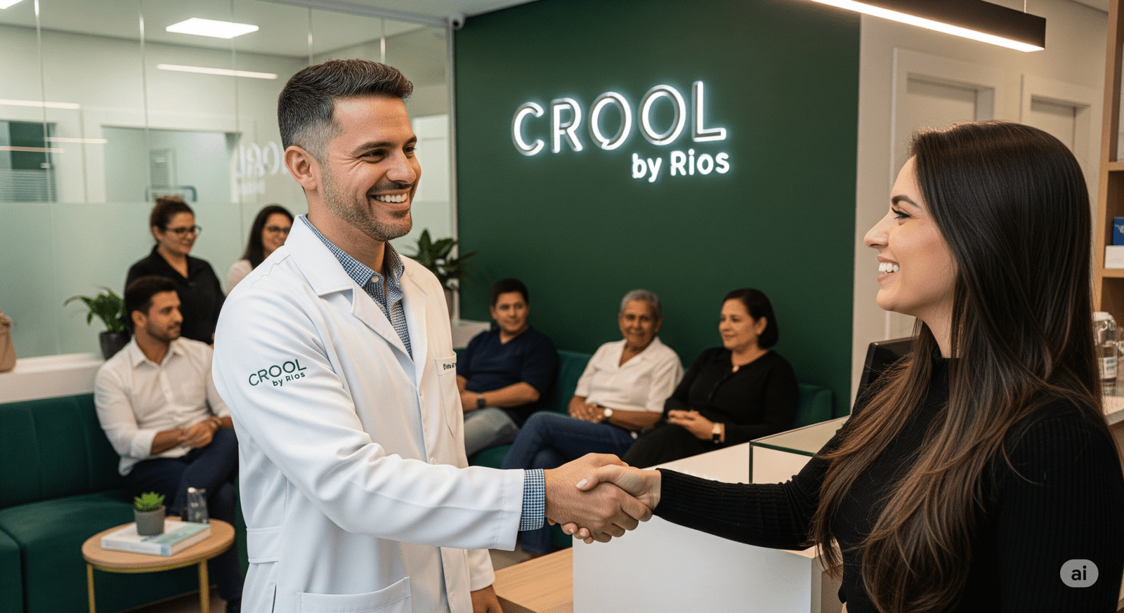 Dentista brasileiro de 40 anos apertando a mão de uma paciente mulher de 30 anos na recepção de um clínica odontológica moderna com outros pacientes ao fundo. A paciente está em uma consulta de rotina.