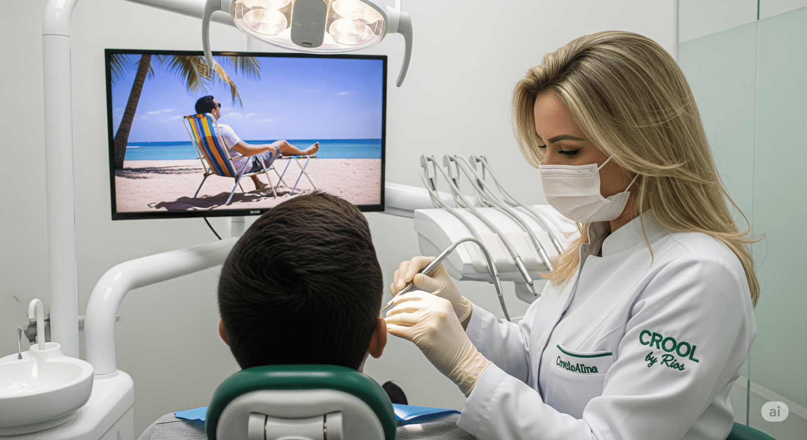 Um homem brasileiro adulto de 30 anos sentado na cadeira do consultório do dentista. Ele está de costas e vemos ele assistindo TV. Na televisão há uma imagem de pessoas aproveitando as férias na praia. Enquanto o homem assiste TV uma mulher dentista loirado CROOL by Rios examina sua boca.
