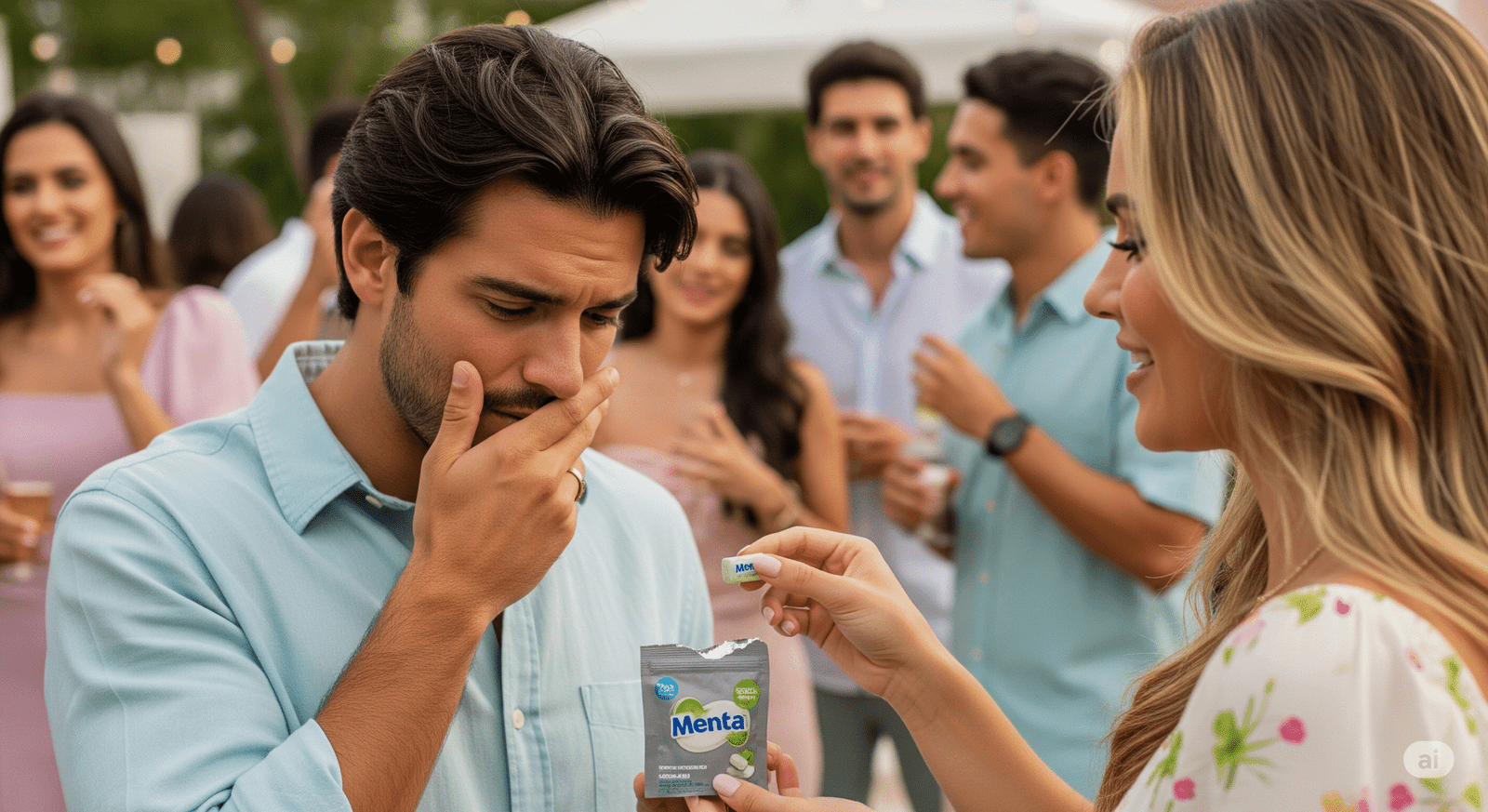 Um homem brasileiro de 30 anos em um evento durante o dia. Ele está com uma mão tapando a boca com halitose. Na frente dele tem uma mulher brasileira bonita de cabelos loiros e com 30 anos oferecendo uma bala de hortelã para ele. Ele está olhando para o pacote de balas com uma expressão desconfortável.