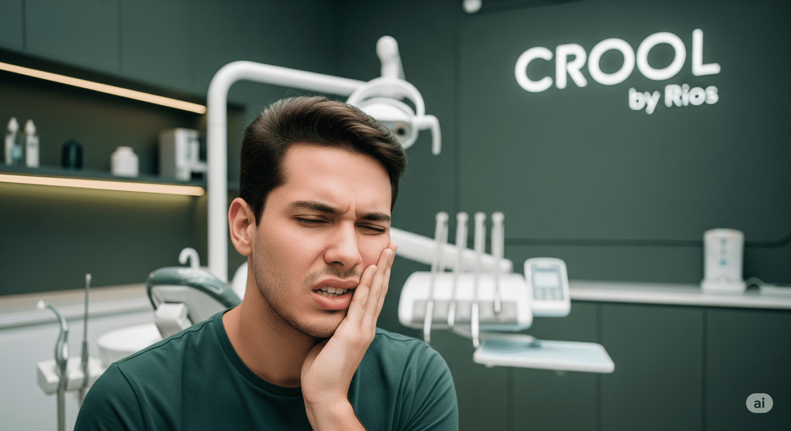 Paciente brasileiro jovem com 25 anos e com dor de dente no consultório de um clínica odontológica moderna. Ele está com expressão de dor. O nome da clínica é "CROOL by Rios" e fica em Brasília.
