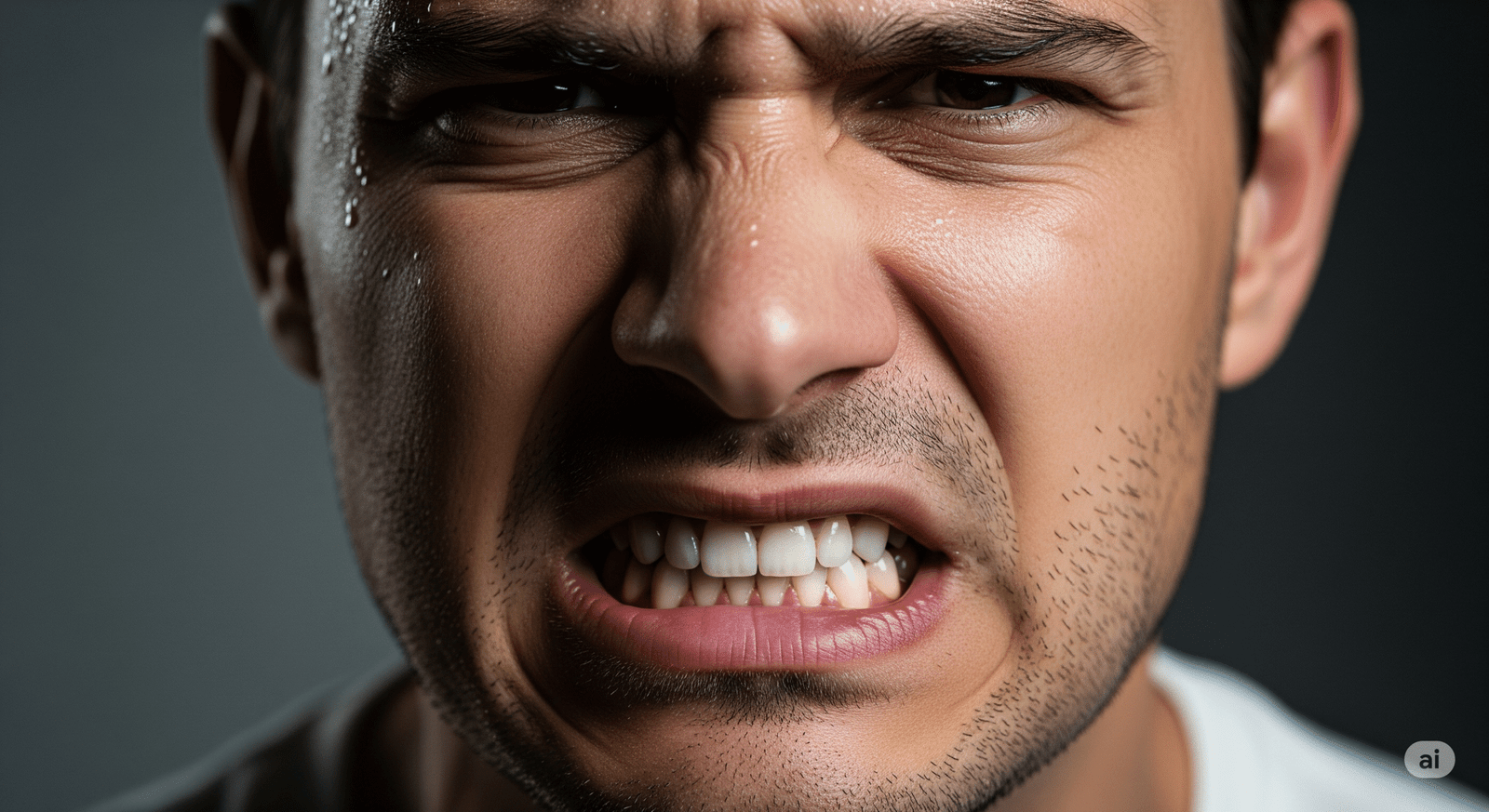 Um homem brasileiro de 35 anos estressado e rangendo os dentes.