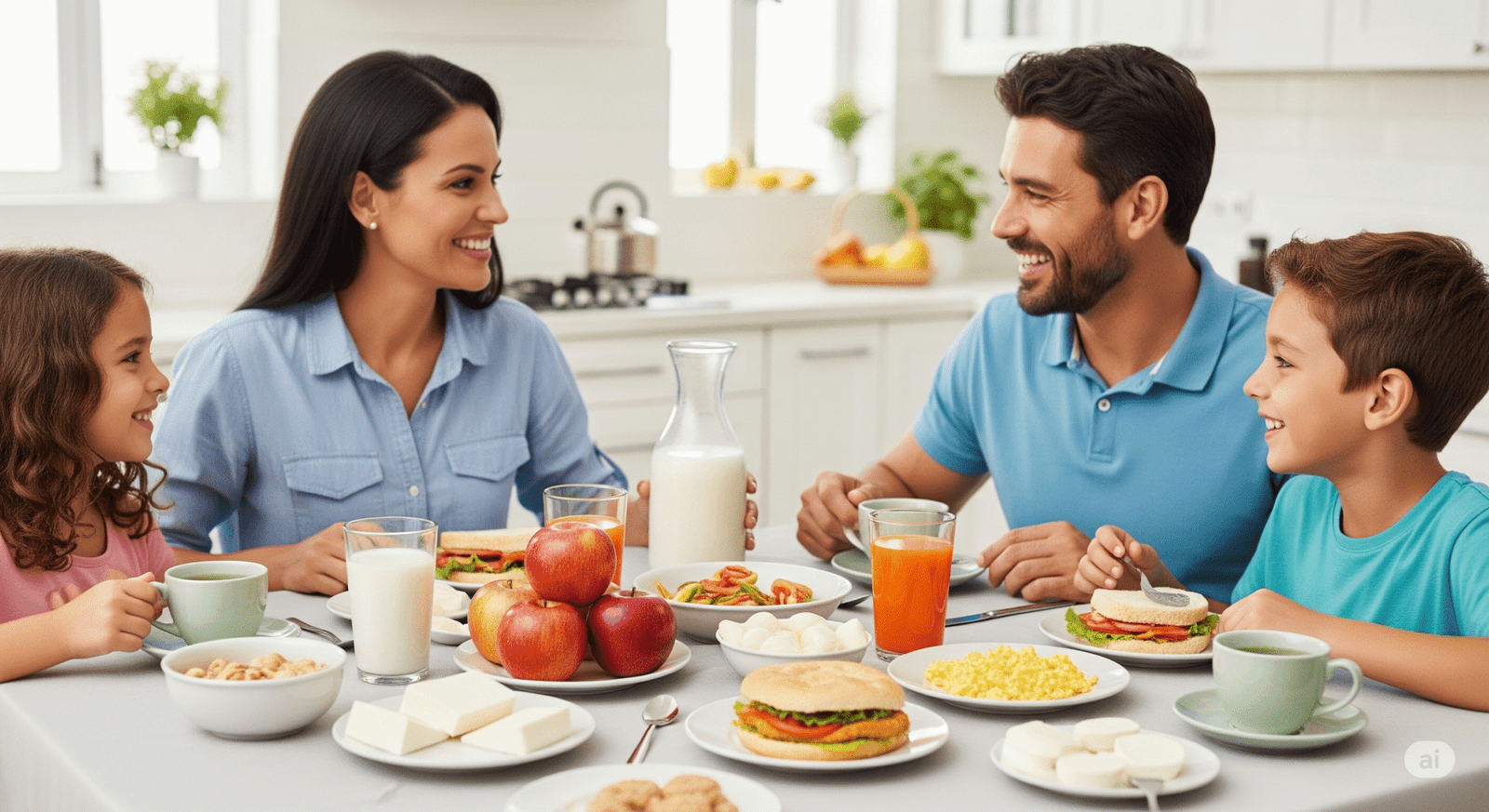 Tradicional família brasileira composta por pai, mãe e filhos, tomando café da manhã e aplicando hábitos alimentares que protegem a saúde bucal, dentes e gengivas.