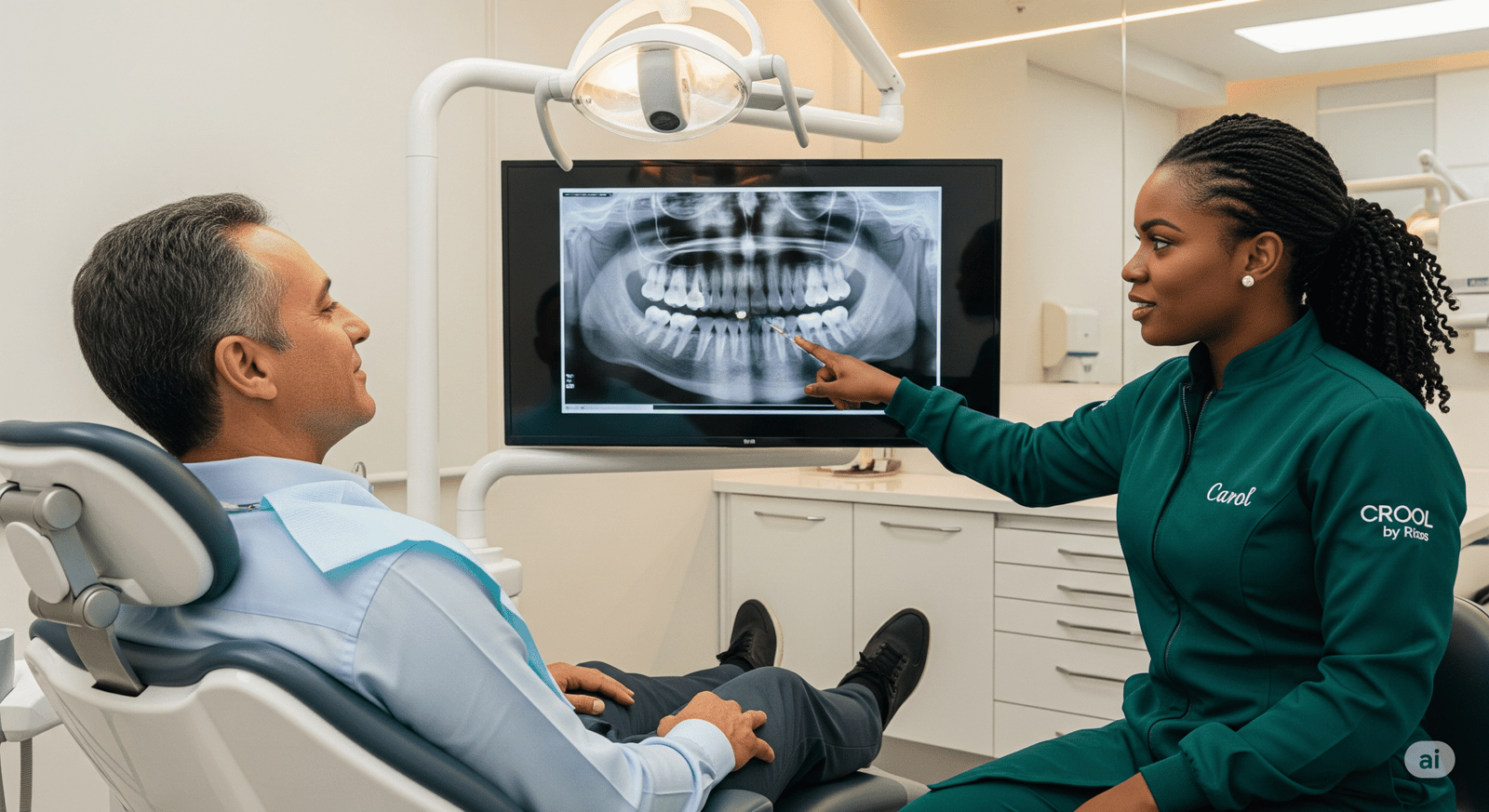 Homem brasileiro de 55 anos e com roupa esporte fino em uma clínica odontológica. Ele está no consultório do dentista fazendo um implante dentário com uma expressão tranquila olhando o raio-x na tv. A dentista é mulher e está sentada em uma cadeira de frente para o paciente enquanto mostra na televisão próxima a eles um raio-x da arcada dentária do paciente e o lugar do implante dentário em Brasília.