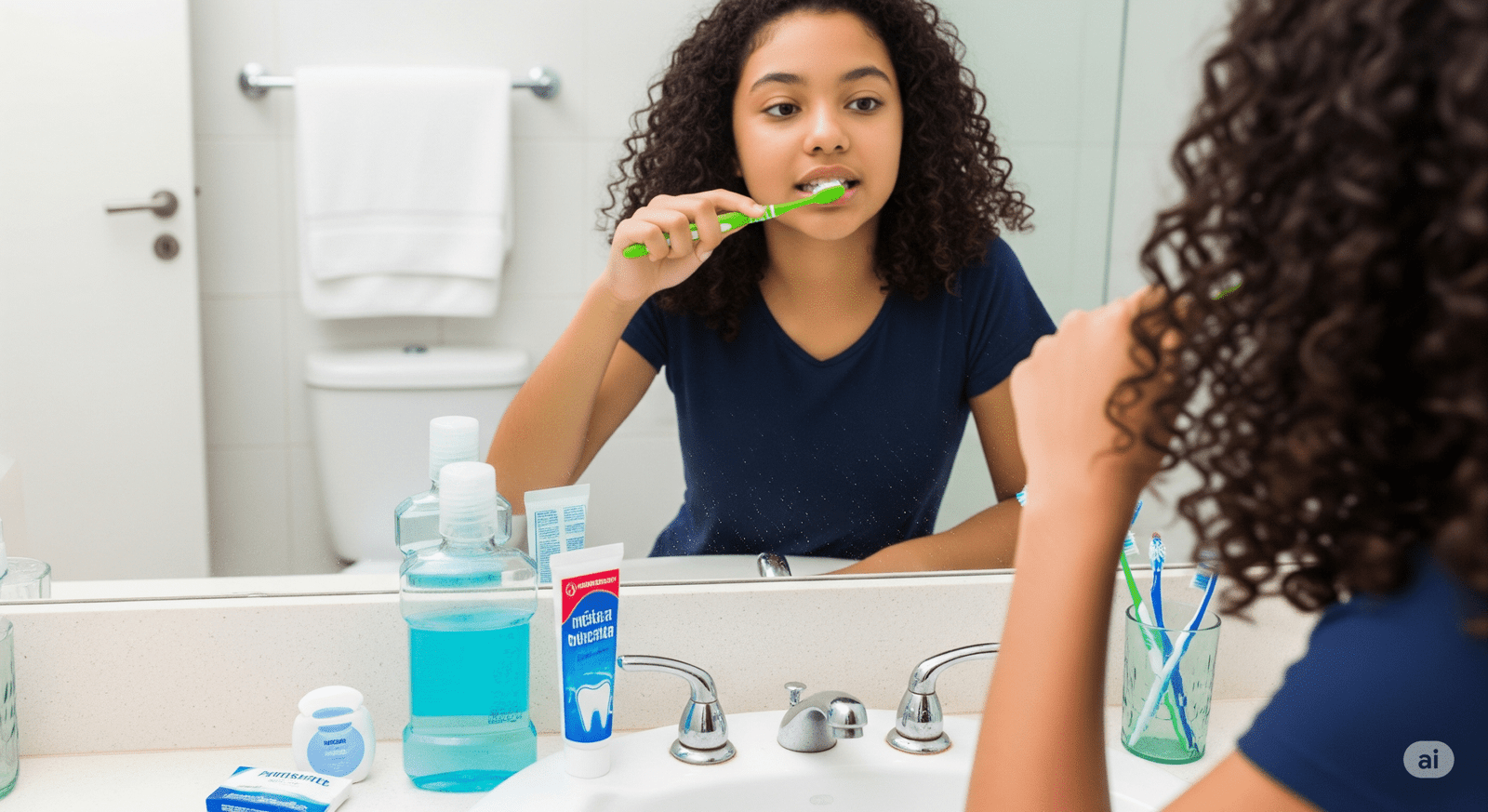 Uma menina adolescente brasileira de 18 anos escovando os dentes enquanto olha o reflexo no espelho do banheiro. Ela está com uma expressão tranquila na escovação e na pia do banheiro há enxaguante bucal e fio dental. Ela realiza a rotina de higiene bucal ideal.