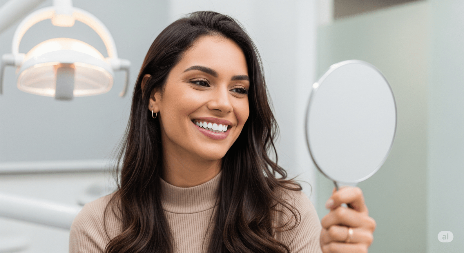Mulher brasileira de 35 anos com um espelho na mão conferindo o resultado de um clareamento dental e sorrindo. Ela está no consultório do dentista, mas o foco é seu sorriso claro.