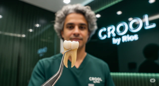 Dentista brasileiro de 40 anos com cabelo grisalho e cacheado segurando um dente com pinças odontológicas após uma extração do siso.