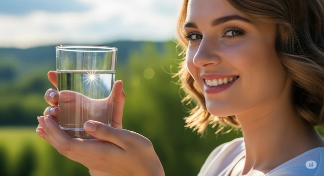 Uma pessoa sorrindo enquanto segura um copo de água bem refrescante com a luz do sol refletindo no copo e um fundo levemente desfocado de uma paisagem natural. A imagem ilustra um artigo sobre hidratação e saúde bucal.