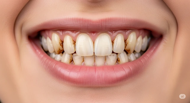 Pessoa sorrindo com manchas nos dentes por conta de bactérias cromogênicas.