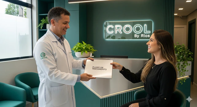Um dentista brasileiro de 50 anos e cabelos curtos cacheados conversando com uma paciente mulher de 30 anos no consultório de um clínica odontológica moderna. Ele está falando com ela sobre planos odontológicos.