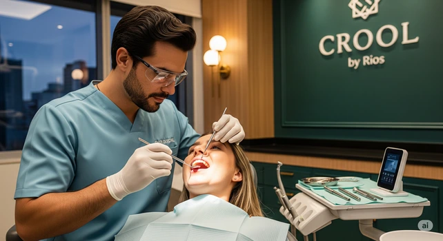 Dentista brasileiro de 40 anos atendendo uma paciente mulher de 30 anos em um moderno consultório odontológico na clínica "CROOL by Rios". A mulher está sentada na cadeira enquanto o dentista examina sua boca com atenção.