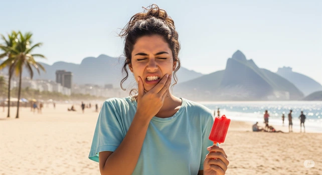 Mulher brasileira de 25 anos, vestindo uma camiseta e com cabelos escuros na praia do Rio de Janeiro. Ela está com dor de dente após tentar morder um picolé. A foto ilustra um artigo sobre sensibilidade dentária.