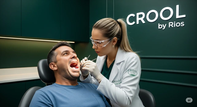 Homem brasileiro de 40 anos sentado na cadeira do consultório de um clínica odontológica moderna. Ele está com a boca aberta sendo examinado por uma dentista loira de 30 anos.