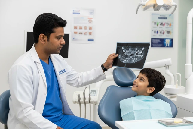 Um dentista indiano analisando os exames odontológicos de um menino indiano de 7 anos que possui um quadro de odontoma composto.