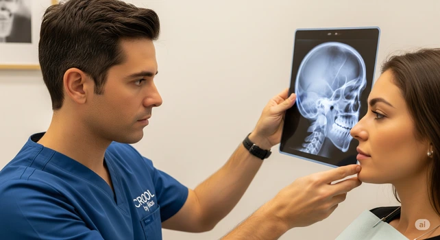 Um cirurgião-dentista da clínica CROOL by Rios segurando uma radiografia de um crânio de perfil enquanto analisa uma paciente com queixo pequeno e maxilar estreito que precisa fazer uma cirurgia bucomaxilofacial.