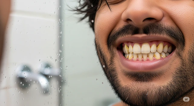 Um homem brasileiro de 35 anos, cabelos escuros, pele morena e barba olhando os dentes no espelho do banheiro e percebendo que está com tártaro. A imagem está aproximada dos dentes com tártaro decorrentes da placa bacteriana.