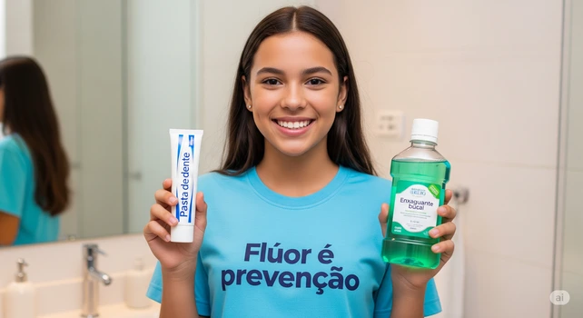 Uma adolescente brasileira de 15 anos segurando uma pasta de dente em uma mão e um enxaguante bucal em outra e vestindo uma camiseta com a escrita "Flúor é prevenção" enquanto mostra um sorriso saudável.