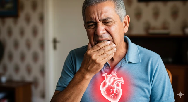 Um senhor brasileiro de 65 anos com a mão segurando a mandíbula porque está com dor de dente. Na imagem vemos um raio-x vermelho destacando o coração dele por baixo da camiseta.