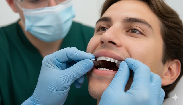 Um dentista colocando a contenção ortodôntica na boca de um paciente.