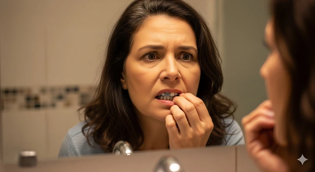 Uma mulher brasileira de 55 anos se olhando no espelho do banheiro. Ela está com uma cara preocupada e olhando a cor de seus dentes escurecidos.