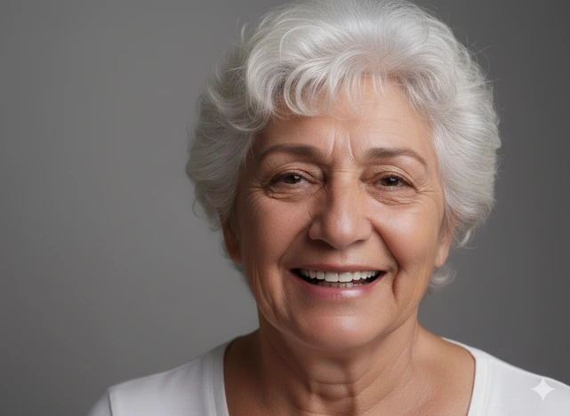 Mulher brasileira de 65 anos sorrindo com uma prótese protocolo após uma reabilitação oral bem sucedida.