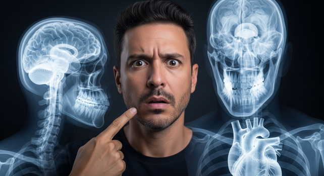 Homem ao lado de Raio-X apontando para a boca. A imagem ilustra um artigo sobre doença periodontal e AVC.