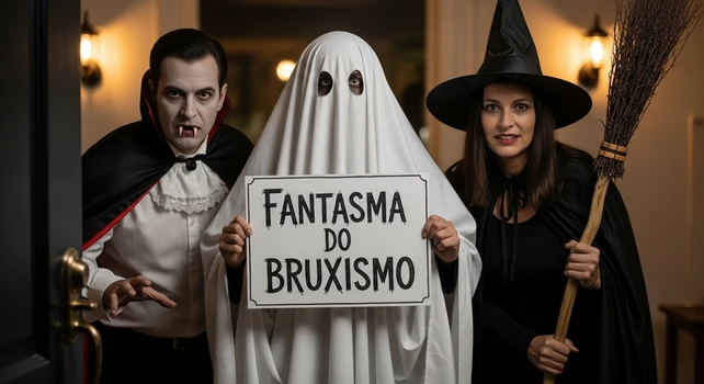 Três adultos fantasiados: Um vampiro, um "fantasma do bruxismo" e uma bruxa.