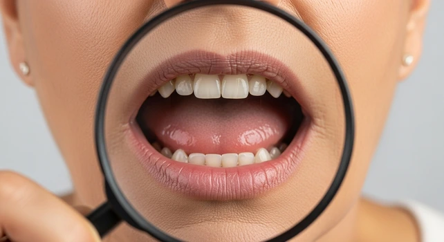 Mulher mostrando sua microbiota oral.