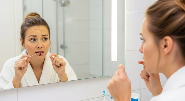 Mulher passando fio dental e notando um sangramento na gengiva por causa da periodontite.