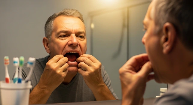 Homem fazendo o autoexame para prevenção do câncer de boca.