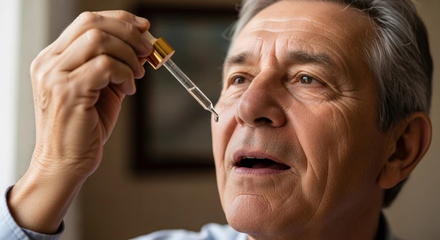 Homem idoso com um conta gotas pingando saliva artificial na boca.