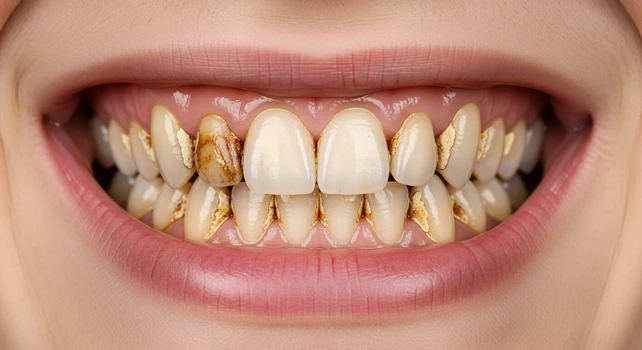 Mulher com tártaro nos dentes.