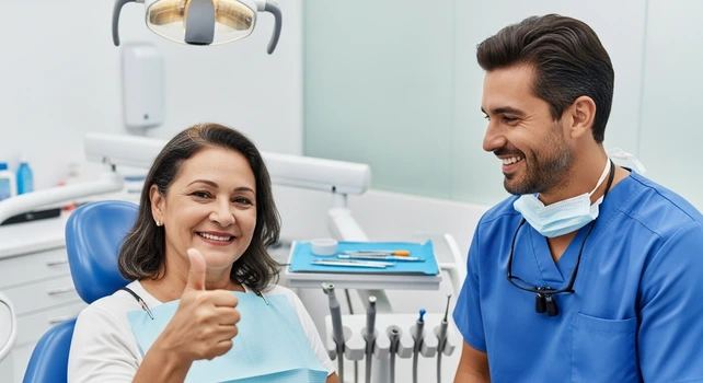 Mulher brasileira fazendo uma profilaxia odontológica antes da cirurgia.