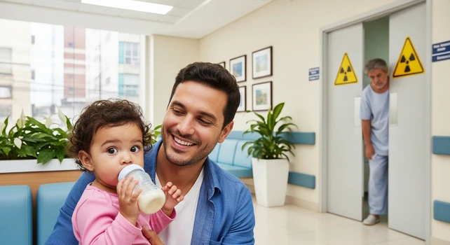Uma menina brasileira de um ano de idade no colo do pai e com a mamadeira na boca, eles tão na recepção de um hospital e ao fundo da imagem é possível ver um paciente mais velho saindo de uma sala cuja porta tem um símbolo de radiação. A imagem ilustra um artigo sobre cárie de mamadeira e cárie de radiação.