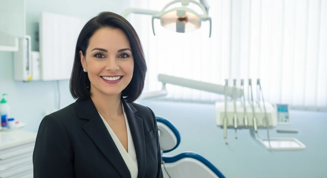 Mulher brasileira de 45 anos com traje executivo no consultório do dentista e sorrindo confiante após fazer um implante dentário sem corte em Brasília.
