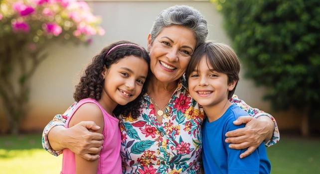 Uma mulher brasileira com 60 anos sorrindo feliz ao lado dos netos e ilustrando a capa de um artigo sobre a diferença entre prótese protocolo e overdenture.