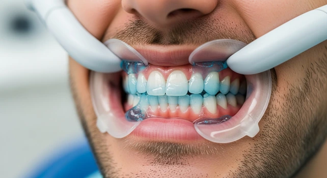 Homem no consultório de um dentista e com um gel para regenerar esmalte dentário aplicado nos dentes.