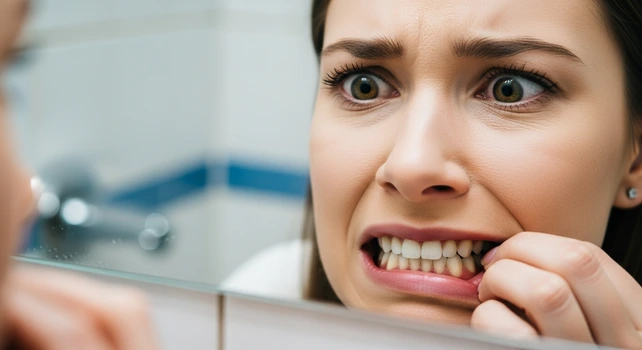 Close de uma pessoa analisando os dentes no espelho do banheiro com cara preocupada e percebendo sinais de que ela precisa ir ao dentista.