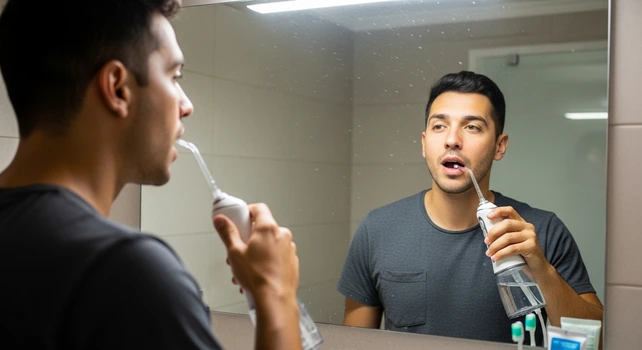 Homem brasileiro usando um irrigador bucal.