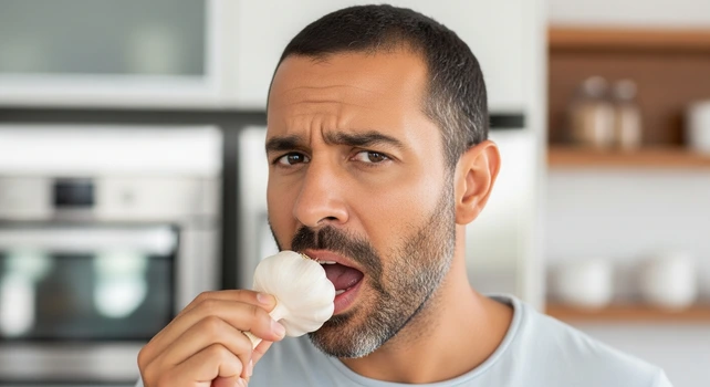 Homem com uma expressão confusa enquanto morde um alho.