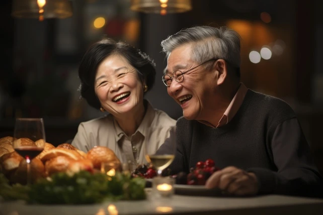Um casal de japoneses sorrindo e celebrando a saúde bucal e expectativa de vida.
