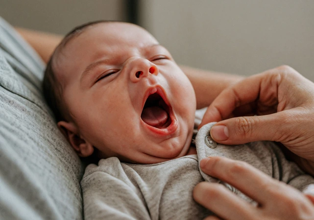 Bebê bocejando com a língua presa.