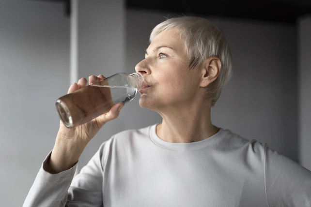 Mulher mais velha bebendo água.