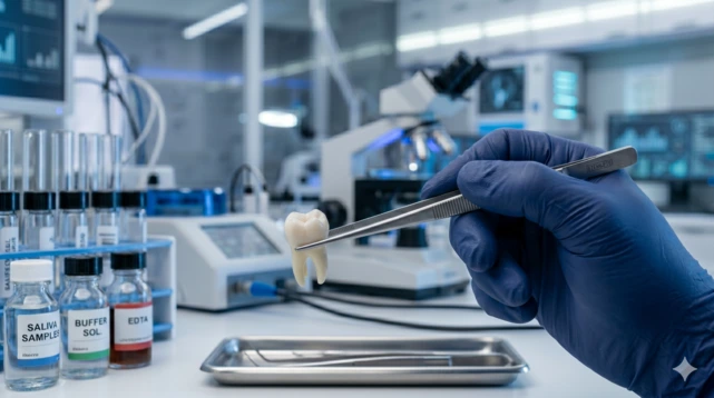 Em um laboratório, uma pinça segura um dente.