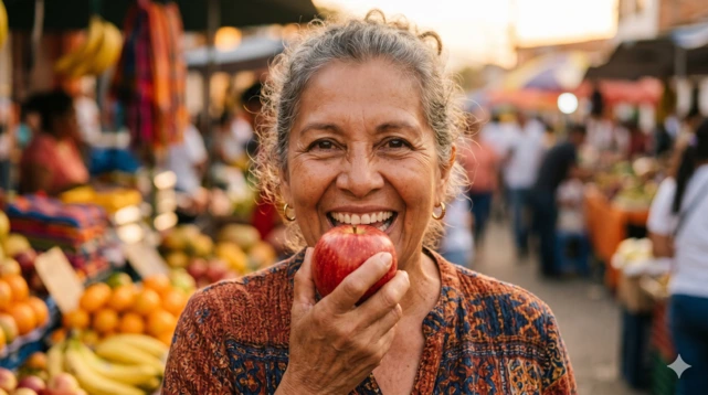 Mulher latina em um marcado de frutas mordendo uma maçã.