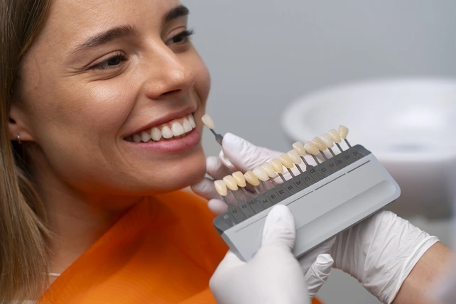 Mulher testando escala de cor de lentes de contato dental.