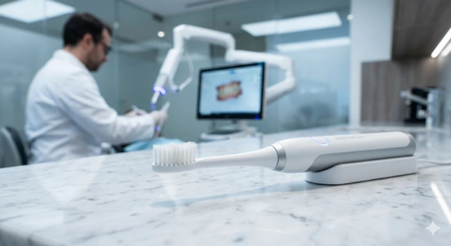 Escova de dente elétrica em primeiro plano e um dentista atendendo ao fundo.