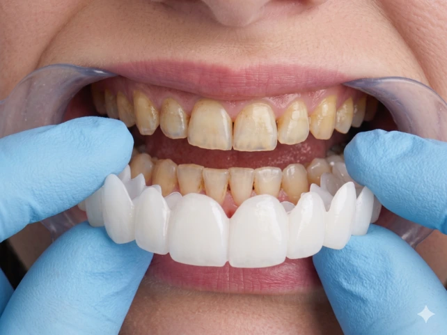 Dentista retirando um snap-on smile da boca de um paciente.