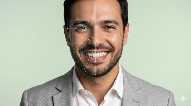 Homem sorrindo ao fazer visagismo odontológico.