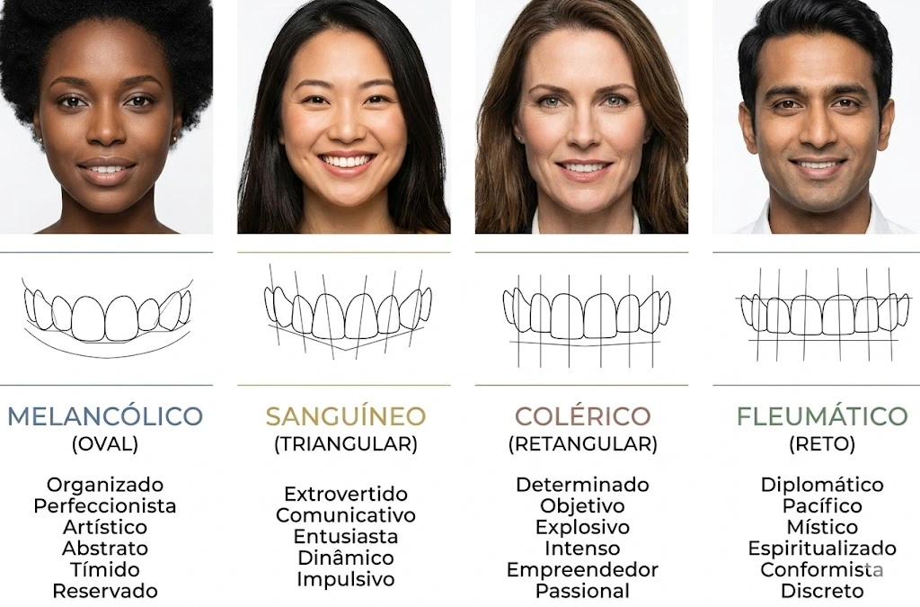 Diferentes pessoas sorrindo de acordo com quatro grandes classificações de temperamento humano.